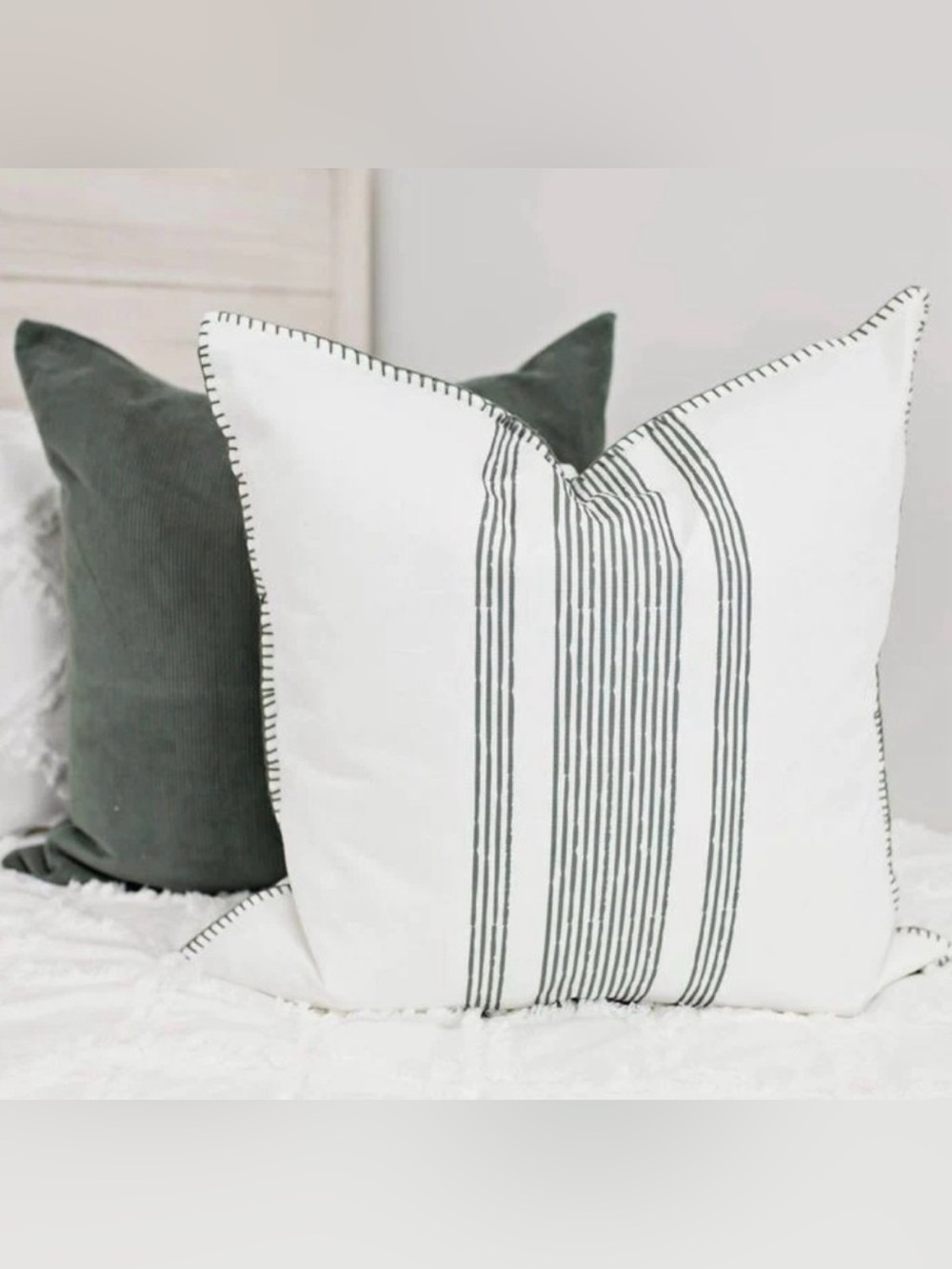 Beddy's Lennon In Stitches Euro Pillow Cover Cream Green Stripe NIP